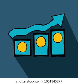 Blue and Yellow Colors Flat, Line, Icon Logo, Sign, Symbol. Going Up Graph Coins For Business, Finance and Companies, Data, Bar. Graphic Design Concept, Elements, Vector Illustration