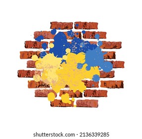 Blue and yellow colors splash on the brick wall. Ukrainian flag colors. Vector illustration isolated on white background.