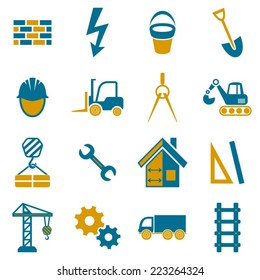 Blue and yellow construction icons on white background