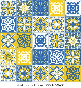 Blue yellow contrast seamless pattern, decorative square ceramic tile, vector illustration