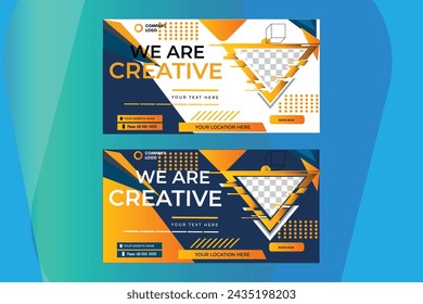 Blue and yellow cover photo design With modern shaped photo and abstract background. Creative concept folded flyer or Banner.