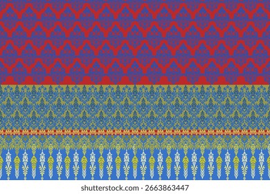 Patrón de tonos amarillos y crema azules sobre un fondo rojo, gris y azul 