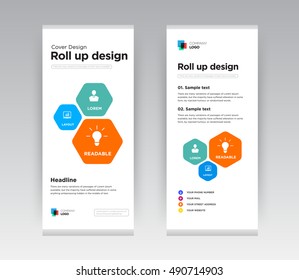 Blue and yellow Creative Abstract hectogram Shapes Business Roll Up Banner Stand brochure flyer design template with new trend concept. Cover presentation. Corporate identity. Layout. Stock vector