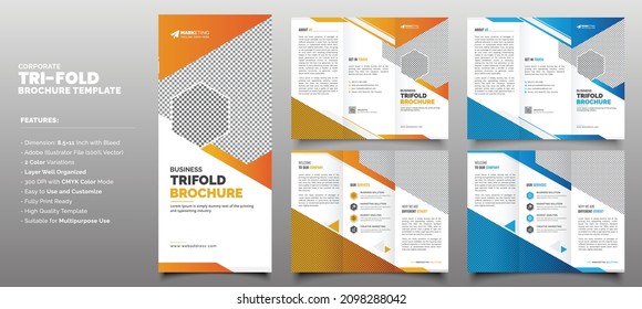 Blue Yellow Creative Clean Corporate Trifold Brochure Template Layout for Office, Company, Event, Multipurpose Use