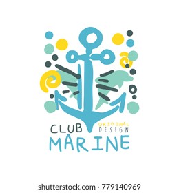 Blue and yellow creative marine theme illustration with hand drawn anchor for sea club logo original design. Hand drawn colorful vector isolated on white.