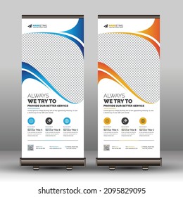 Blue, Yellow Creative Unique Corporate Business Roll Up Banner Signage Standee Template Clean Design for Office, Company, and Multipurpose Use