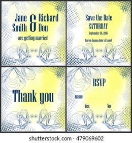 Blue and yellow creative wedding invitation set with rustic halftones and butterflies