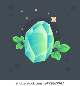 Icono Esotérico Mágico De La Gema Del Cristal Amarillo Azul Con Las Ramas Verdes Y Las Estrellas Aisladas Del Diseño Del Vector