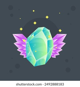 Blue Yellow Crystal Gem Magic Esoteric Icon Game Badge With Sparkles Stars And Fairy Wings Isolated Vector Design