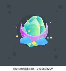 Azul Amarillo Gema De Cristal Magia Esotérico Icono Del Juego Con Las Estrellas De La Luna Y Las Nubes Diseño De Vector Aislado