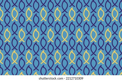 Blue and yellow curvy line art resembled fish tiled pattern. Background for wallpaper, banner, cover, and textile.