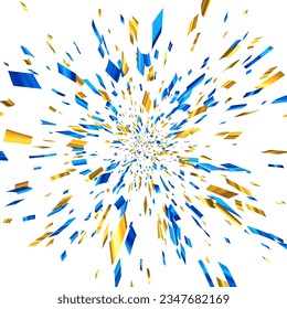 Fondo de confeti con perspectiva de cinta de papel de corte azul y amarillo. Volando en cosmos con efecto de alta velocidad. Elemento de diseño. Ilustración vectorial.