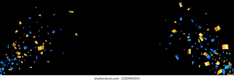 Blue and yellow cut out foil ribbon exploding confetti on black background with space for text. Design element. Vector illustration.