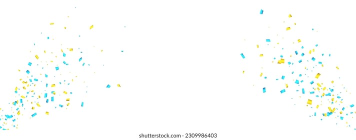 Blue and yellow cut out ribbon exploding confetti background with space for text. Design element. Vector illustration.