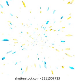 Blue and yellow cut out ribbon perspective confetti background. Flying in cosmos with high speed effect. Design element. Vector illustration.