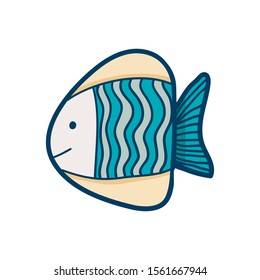 Blue and yellow cute cartoon doodle fish on a white background