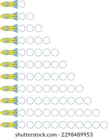 Blue and yellow cute rocket, missile illustration and injection frame