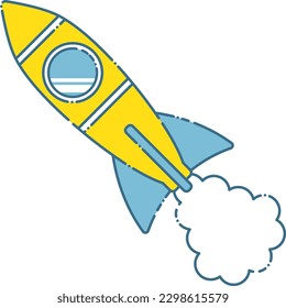 Blaue und gelbe süße Rakete, Flugkörper-Illustration und Injektionsrahmen