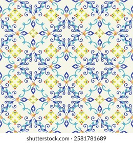 Blue and yellow damask seamless pattern illustration in traditional style. Portuguese tiles. Azulejo building. Spanish ceramic pottery. Turkish tiles. Can be used for textiles and clothing.