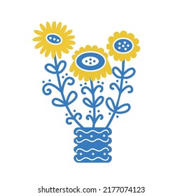 Blue and yellow decorative traditional ukrainian flowers in pot. Vector colored illustration for print, poster, social media, icon for your own design. 