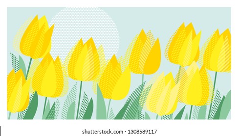 Blue and yellow decorative tulip floral postcard template. Motif with abstract spring tulips. Vintage vibes dot and stripe textured element for invitation, header, poster, surface design.