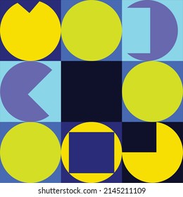 Blue and yellow dominated tiles with circle and squares element geometric styles for background or backdrop wallpaper