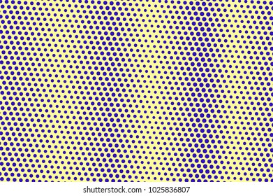 Blue yellow dotted halftone. Diagonal oversized dotted gradient. Half tone vector background. Abstract futuristic texture. Violet ink dot on yellow backdrop. Modern pop art design template