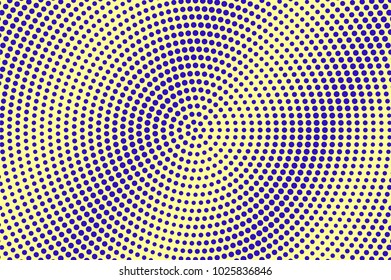 Blue yellow dotted halftone. Radial centered dotted gradient. Half tone vector background. Abstract futuristic texture. Violet ink dot on yellow backdrop. Modern pop art design template