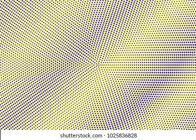 Blue yellow dotted halftone. Smooth subtle dotted gradient. Half tone vector background. Abstract futuristic texture. Violet ink dot on yellow backdrop. Modern pop art design template