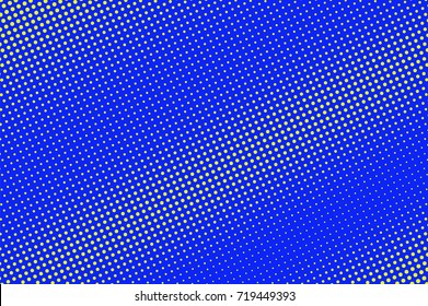 Blue and yellow dotted halftone vector background. Polka dot halftone gradient with diagonal light. Retro halftone banner template. Vintage dotted pattern. Abstract dotted backdrop. Pop art design