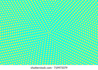 Blue and yellow dotted halftone vector background. Centered gradient halftone pattern. Retro style halftone banner template. Vibrant neon dotted pattern. Abstract dotted backdrop. Pop art design