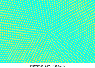 Blue and yellow dotted halftone vector background. Circle gradient halftone pattern. Retro style halftone banner template. Vibrant neon dotted pattern. Abstract dotted backdrop. Pop art surface design