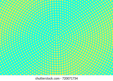 Blue and yellow dotted halftone vector background. Shiny gradient halftone pattern. Retro style halftone banner template. Aqua green dotted pattern. Abstract dotted backdrop. Pop art surface design