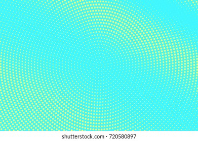 Blue and yellow dotted halftone vector background. Round gradient halftone pattern. Retro style halftone banner template. Aqua green dotted pattern. Abstract dotted backdrop. Pop art surface wallpaper