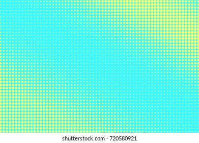 Blue and yellow dotted halftone vector background. Round gradient halftone pattern. Retro style halftone banner template. Aqua green dotted pattern. Abstract dotted backdrop. Pop art surface vintage