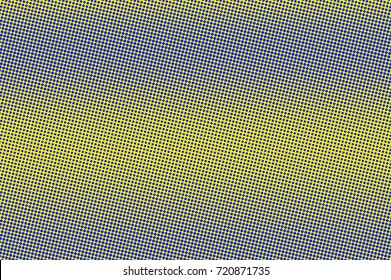 Blue and yellow dotted halftone vector background. Round gradient halftone pattern. Retro style halftone banner template. Aqua green dotted pattern. Abstract dotted backdrop. Pop art surface water