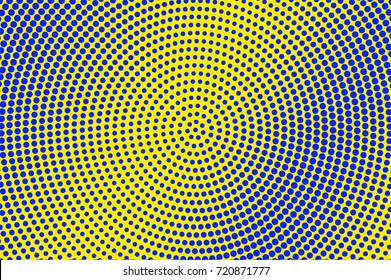 Blue and yellow dotted halftone vector background. Round gradient halftone pattern. Retro style halftone banner template. Aqua green dotted pattern. Abstract dotted backdrop. Pop art surface water