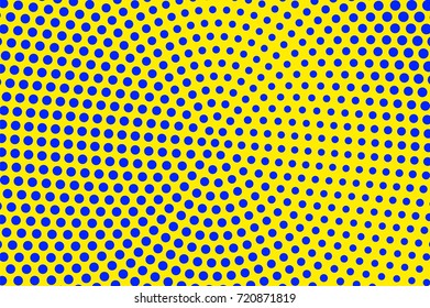 Blue and yellow dotted halftone vector background. Round gradient halftone pattern. Retro style halftone banner template. Aqua green dotted pattern. Abstract dotted backdrop. Pop art surface water