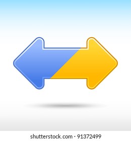Blue and yellow double arrow internet icon. Web button with drop gray shadow on white background. This vector illustration saved in 8 eps