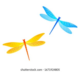 Blue and yellow dragonfly isolated vector illustration. Cool darning-needle insects. Garden water dragonfly vector wildlife creatures. Damselfly butterflies.