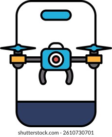 A blue and yellow drone is attached to a white phone. The drone is positioned on the phone's screen, and the phone is placed on a blue background. Concept of technology and innovation
