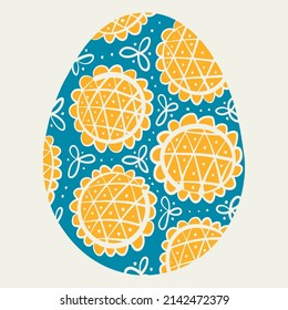 Blue and yellow Eater egg with naive peasant Ukrainian style pattern. Vector file for print, cut, sublimation.
