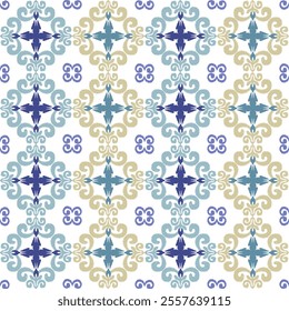 Blue and yellow embroidery, digital ikat seamless pattern for creating beautiful fabric designs, and other elements of the fashion industry (wallpaper, wrapping, silk, scarf, clothing, and carpet).