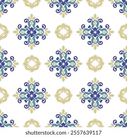 Blue and yellow embroidery, digital ikat seamless pattern for creating beautiful fabric designs, and other elements of the fashion industry (wallpaper, wrapping, silk, scarf, clothing, and carpet).