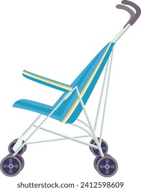 Blue and yellow empty baby stroller isolated on white. Modern pram design, baby transport. Parenthood essentials vector illustration.