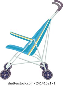 Blue and yellow empty baby stroller isolated on white. Modern pram design, baby transport. Parenthood essentials vector illustration.