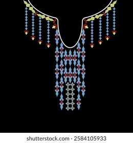 Blue and yellow ethnic bohemian-style necklaces. Embroidery pattern on a black background. Vector illustration, element for design shirt pattern, lace, collar, bead decoration.