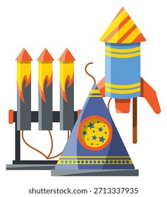 A blue and yellow firework rocket is on top of a blue and yellow firework