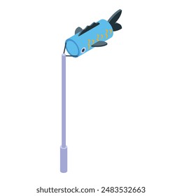 Blue and yellow fish windsock flying on metal pole