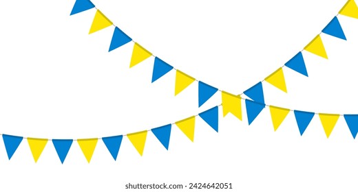 Blue and yellow flag garland. Triangle pennants chain. Party pennants, window or wall decoration decoration. Celebration flags for decor. Vector illustration  